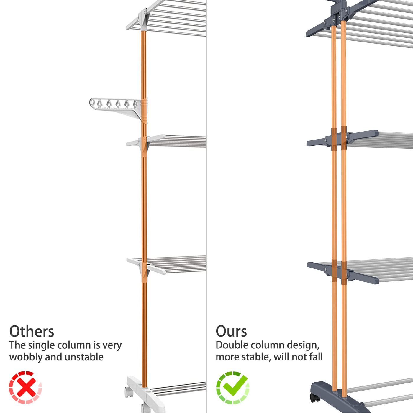 HOMIDEC Wäscheständer Wäschetrockner Turm mit Rollen, Platzsparender - mit 6 Klappbare Flügel und 2 Drehbar Seitenflügel, Edelstahl Standtrockner Wäscheturm für Innen und Außen, Grau