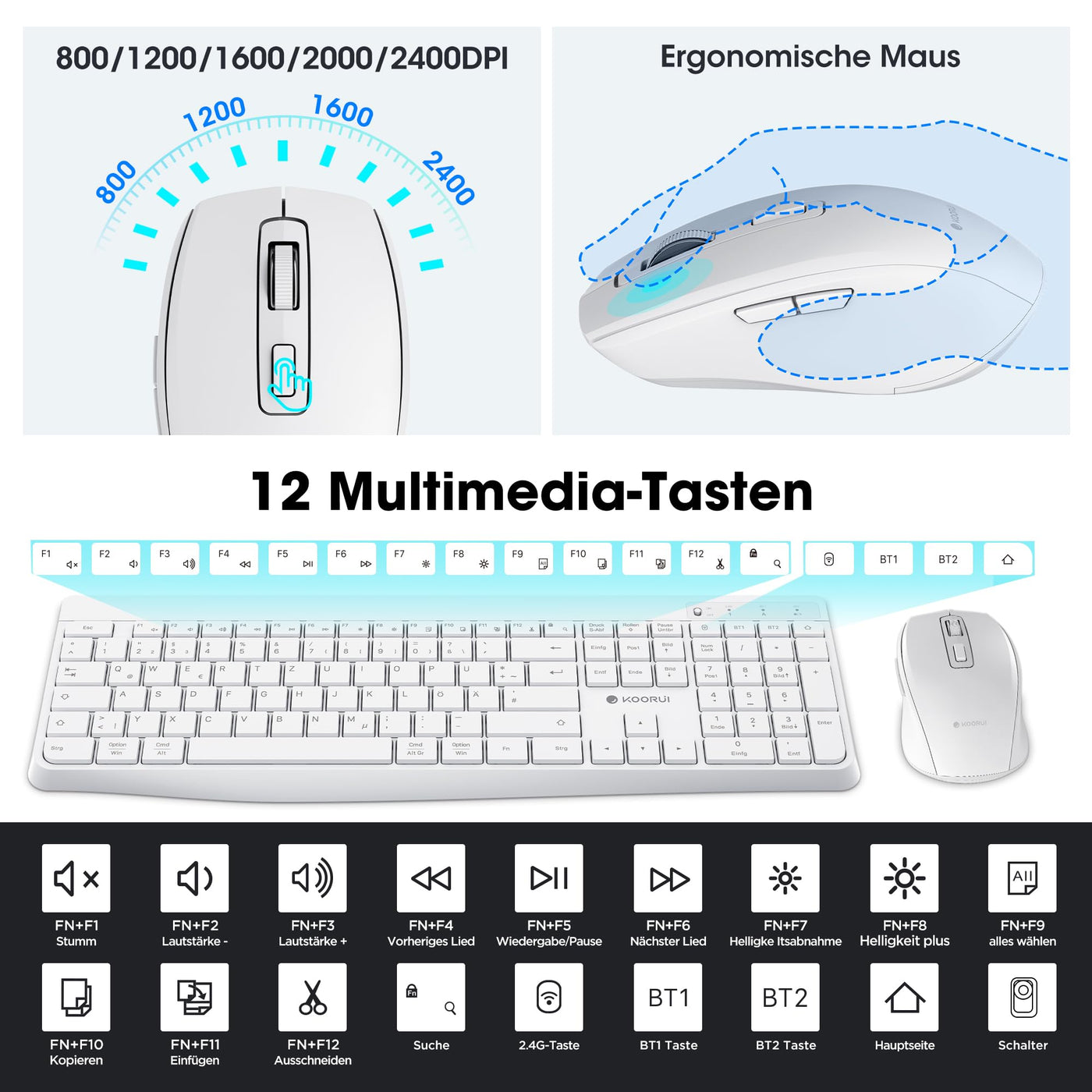 KOORUI Tastatur und Maus Kabellos, Wiederaufladbar Leise Maus Tastatur Set Deutsches Layout QWERTZ mit 12 Funktionstasten 2.4 GHz Tastatur Maus Set für Windows, MacOS, Linux -Weiß