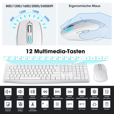 KOORUI Tastatur und Maus Kabellos, Wiederaufladbar Leise Maus Tastatur Set Deutsches Layout QWERTZ mit 12 Funktionstasten 2.4 GHz Tastatur Maus Set für Windows, MacOS, Linux -Weiß