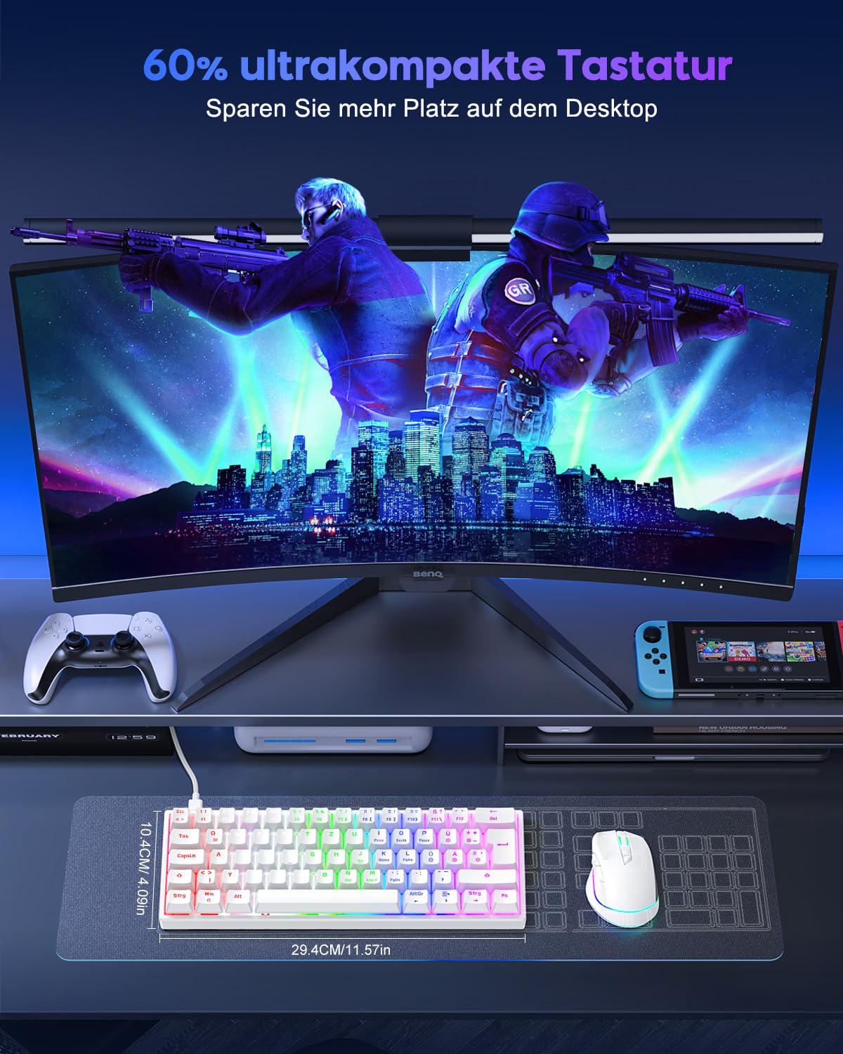TECURS Gaming Tastatur, Mechanische Tastatur 60% TKL QWERTZ Blaue Schalter, Gamer Tastatur Kabelgebunden 61 Tasten für PC Windows/PS5/PS4, Weiß