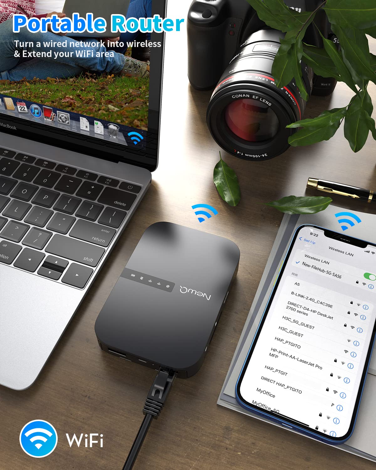 NEWQ Filehub AC750 Reise Router: Tragbarer Festplatten SD Kartenleser für Reisen | Drahtloser Zugriff auf externe Festplatte & USB-Speichergerät zum Sichern von Fotos & Dateien von Mobiltelefon Laptop