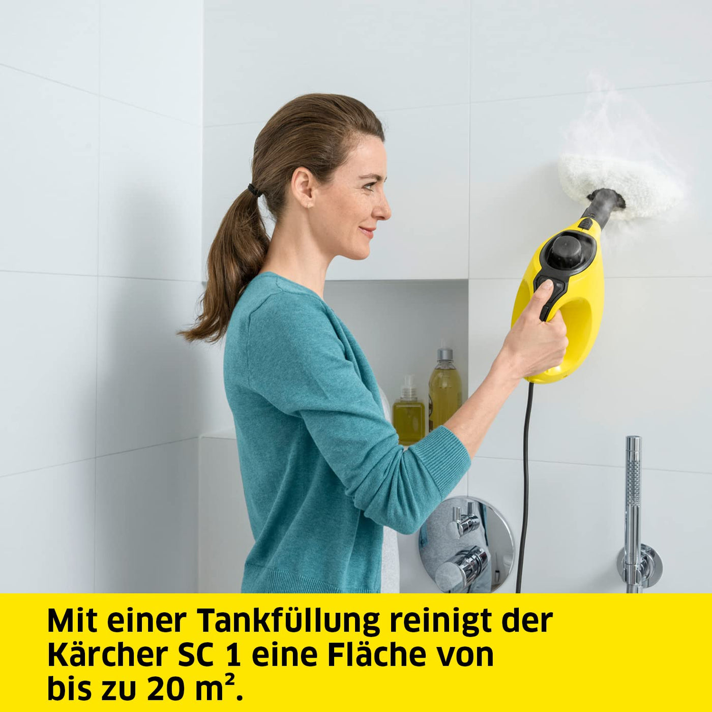 Kärcher Dampfreiniger SC 1, Dampfdruck: 3 bar, Aufheizzeit: 3 min., Leistung: 1.200 W, Flächenleistung: 20 m², Tank: 200 ml, mit Hand-, Punktstrahl- und Powerdüse, Mikrofaser-Überzug und Rundbürste