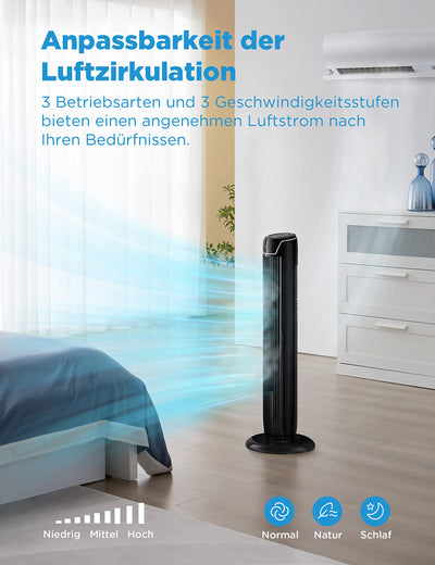 Midea FZ10-17JR Turmventilator Leise mit Fernbedienung 92CM, mobiler Lüfter,Ventilator Säulenventilator,7 Stunden Timer,3 Modi,3 Geschwindigkeiten,45W Standventilator,Schwarz