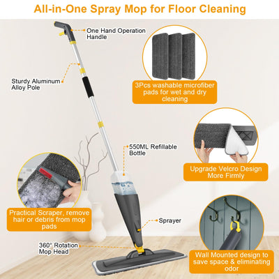 Homgif Bodenwischer mit Sprühfunktion 550ML Sprühwischer, Wischmopp mit Sprühfunktion Spray Mop, Home Küche Wischer Bodenreinigung (Grau und Gelb)
