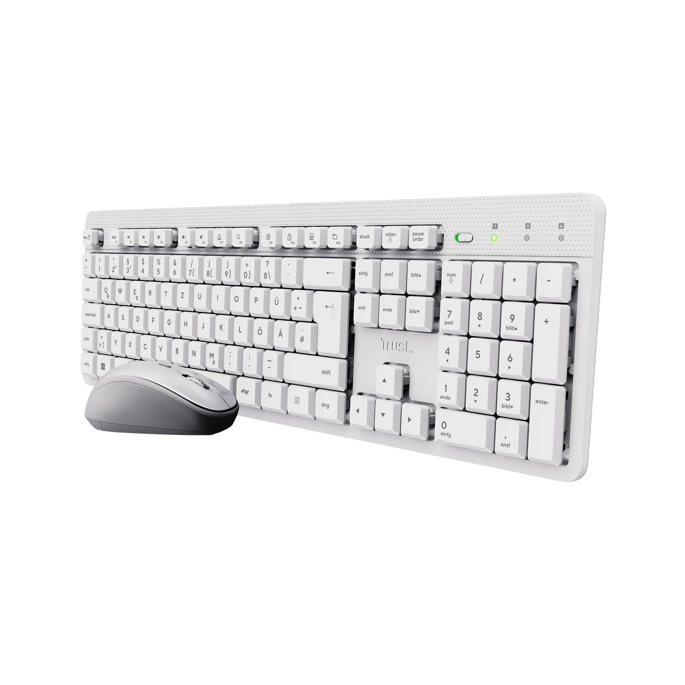 Trust ODY II Leise Tastatur Maus Set Kabellos Deutsches QWERTZ Layout, Flachen Tasten, Beidhändig Funkmaus 800-1600 DPI, Spritzwassergeschützt, EIN USB-Empfänger, für PC Computer Laptop Mac, Weiß