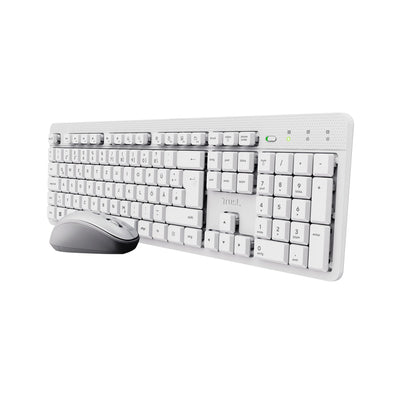 Trust ODY II Leise Tastatur Maus Set Kabellos Deutsches QWERTZ Layout, Flachen Tasten, Beidhändig Funkmaus 800-1600 DPI, Spritzwassergeschützt, EIN USB-Empfänger, für PC Computer Laptop Mac, Weiß