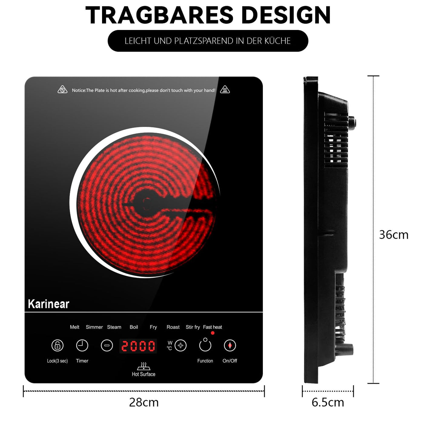 Karinear Glaskeramik Kochfeld 1 Platte Tragbar, 650 °C Max, Keramik Kochfeld Kochplatte 1er Freistehend, 2000W, Herdplatte 1 Kochfelder mit Stecker, Timer, Kindersicherung, Restwärmeanzeige, 220-240V