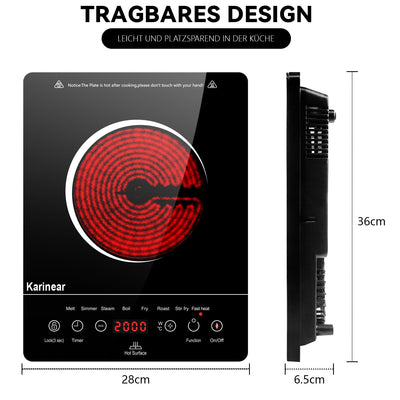 Karinear Glaskeramik Kochfeld 1 Platte Tragbar, 650 °C Max, Keramik Kochfeld Kochplatte 1er Freistehend, 2000W, Herdplatte 1 Kochfelder mit Stecker, Timer, Kindersicherung, Restwärmeanzeige, 220-240V