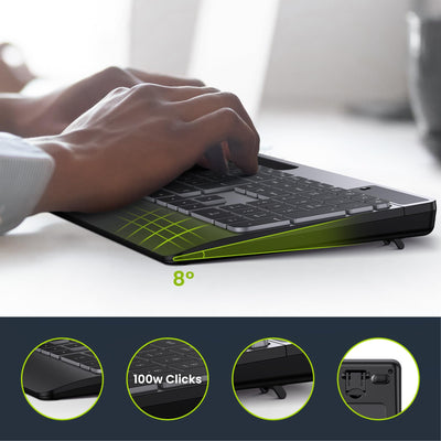 TECURS Gaming Tastatur Kabellos-Leise, Ergonomisch, 2 in 1 USB A/C, Multimedia-Tasten, Handy Halter, Kabellose Tastatur Beleuchtet Wireless für PC/Windows/Mac, QWERTZ Deutsche Layout(Schwarz)