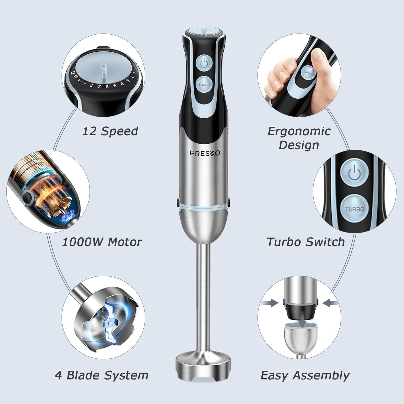 FRESKO 4-in-1 Stabmixer Edelstahl, 1000W Pürierstab mit 12 Geschwindigkeiten und Turbo-Modi, Inklusive Schneebesen, 500ml Lebensmittelhacker und 700ml Messbecher, für Babynahrung, Suppe, Smoothies