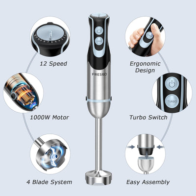 FRESKO 4-in-1 Stabmixer Edelstahl, 1000W Pürierstab mit 12 Geschwindigkeiten und Turbo-Modi, Inklusive Schneebesen, 500ml Lebensmittelhacker und 700ml Messbecher, für Babynahrung, Suppe, Smoothies