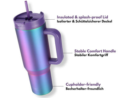 Milu Thermobecher 1200ml mit Strohhalm und Henkel – 48h Eis/24h kalt/12h heiß Edelstahl Tumbler 40oz mit Griff - Isolierbecher to go - Isolierflasche Trinkflasche doppelwandig isoliert (Aurora, 1,2L)