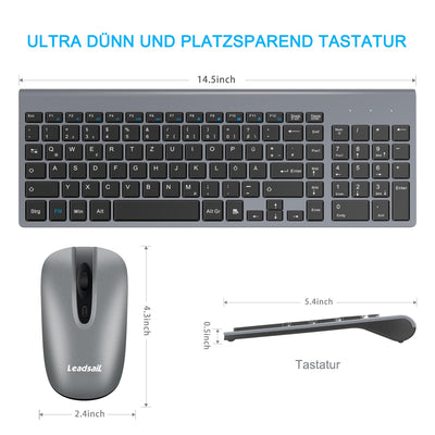 LeadsaiL Tastatur Maus Set Kabellos, 2,4 GHz USB-Empfänger Ultradünne Leise, Deutsch QWERTZ-Layout, 12 FN-Tasten Für Windows XP/7/8/10, PC, Laptop, Computer, Desktop - Grau