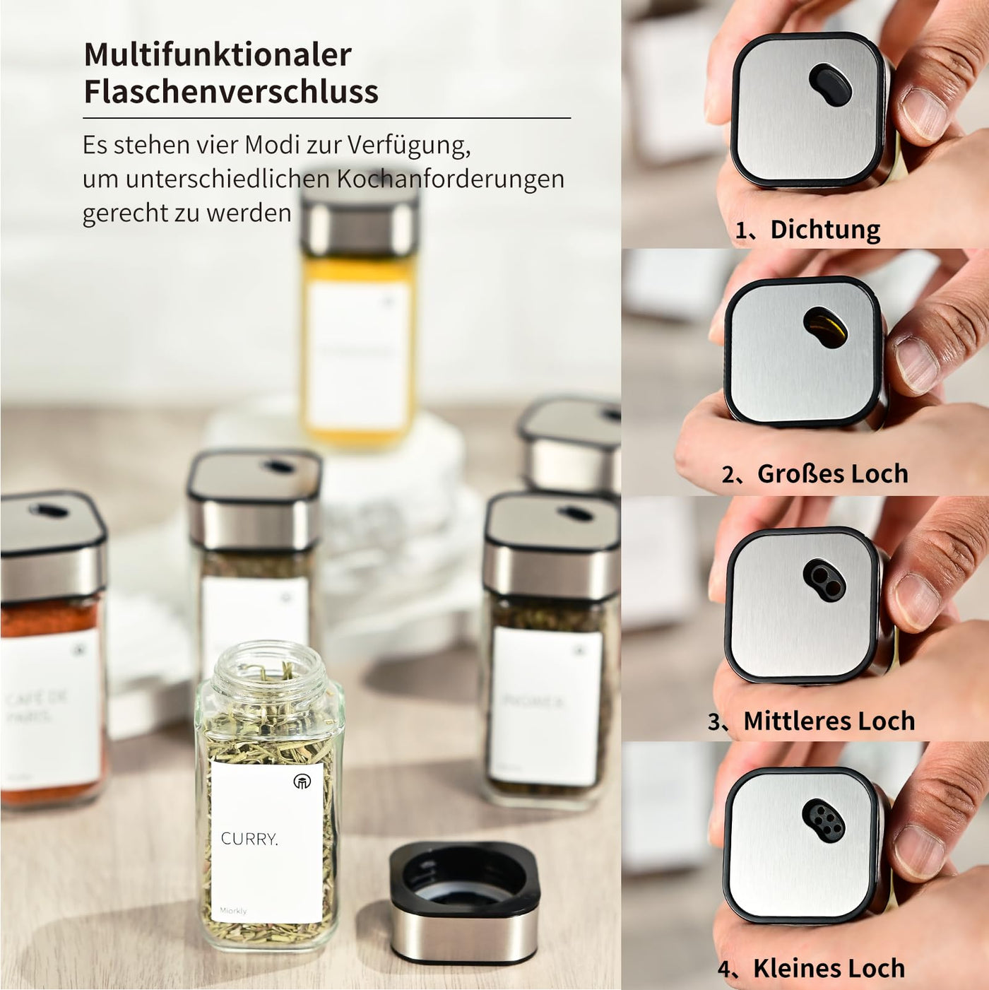 Miorkly 12 Gewürzgläser Eckig,120ML Gewürzdosen Set mit Streueinsatz,Gewürzstreuer mit Drehdeckel-Starke Versiegelung,Edelstahl-Glas Gewürz Organizer inklusive Trichter, Etikett und Stift