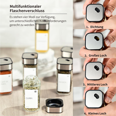 Miorkly 12 Gewürzgläser Eckig,120ML Gewürzdosen Set mit Streueinsatz,Gewürzstreuer mit Drehdeckel-Starke Versiegelung,Edelstahl-Glas Gewürz Organizer inklusive Trichter, Etikett und Stift