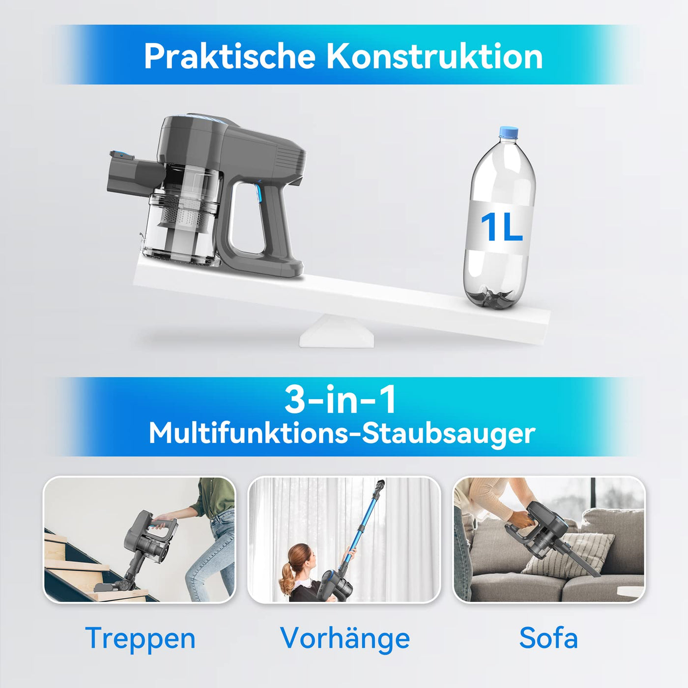 Akku Staubsauger, 25000Pa/175W/50Min Staubsauger Kabellos, Anti-Tangle-Bürste und Selbststehend, Ultraleichter Handstaubsauger akku vacuum cleaner Stielstaubsauger für Teppichen, Hartboden, Tierhaare