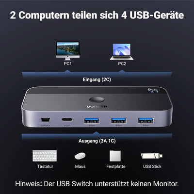UGREEN USB C Switch 2PC USB Switch 3.0 mit 1xUSB C Port und 3xUSB A Ports, 2 In 4 Out USB-C Switch USB Umschalter Aluminiumgehäuse mit 2USB-C auf A/C Kabeln für Tastatur, Maus, Drucker, USB Stick usw.