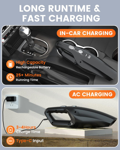 SERVOMASTER Handstaubsauger 12000Pa, Handstaubsauger Akku kabellos, Leistungsstarker Auto Staubsauger Wiederaufladbar, Mini Staubsauger mit Waschbar Edelstahl HEPA-Filter für Auto Haus Büro, Tierhaare