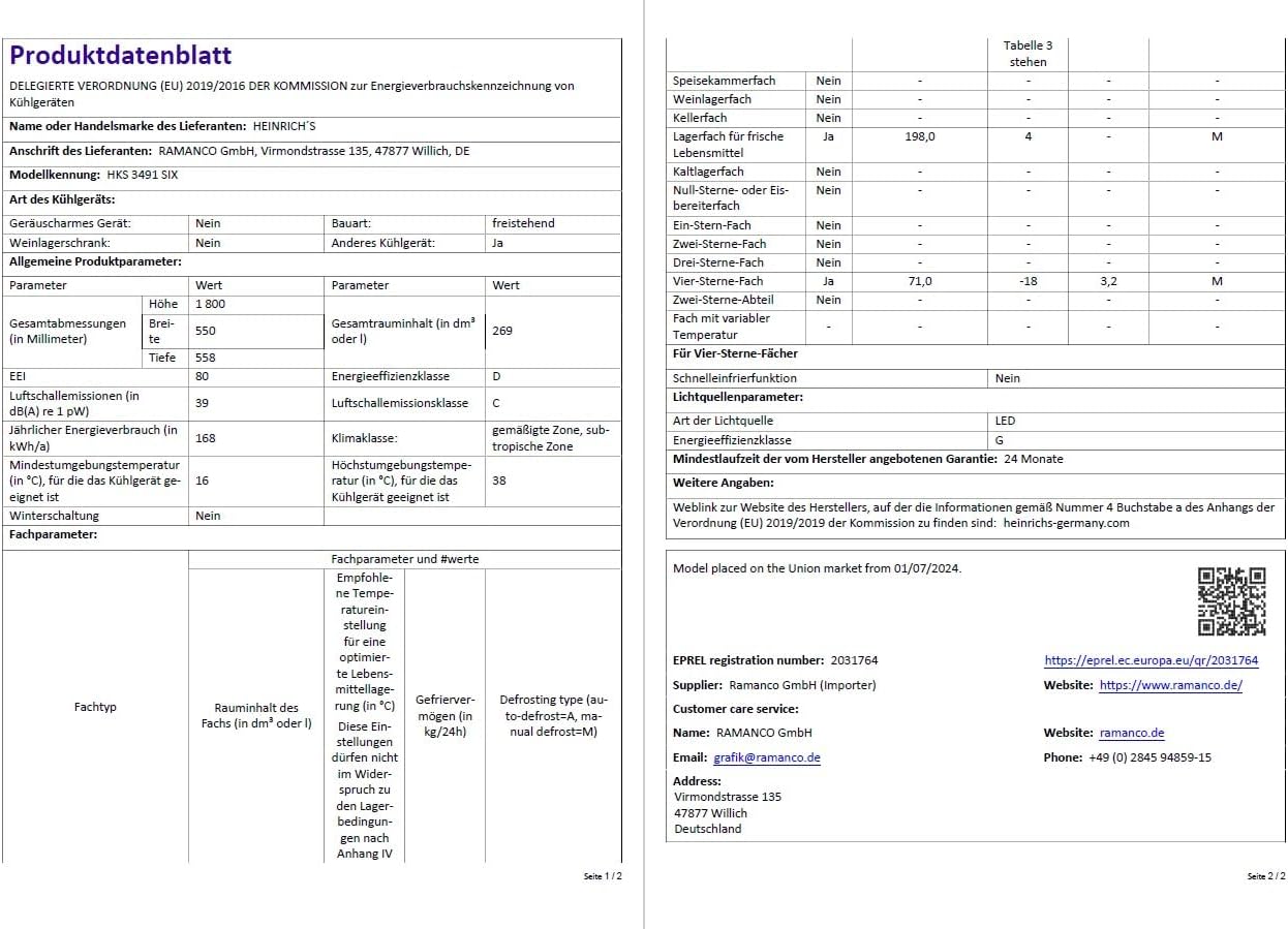 Heinrich´s Kühlgefrierkombination 269 Liter, Kühlvolumen 198L, Gefrierfach 71L,LED Beleuchtung,Kühlschrank Türanschlag wechselbar, leise 39dB,große Tiefkühlboxen, 7 Temperaturstufen, (schwarz-inox)