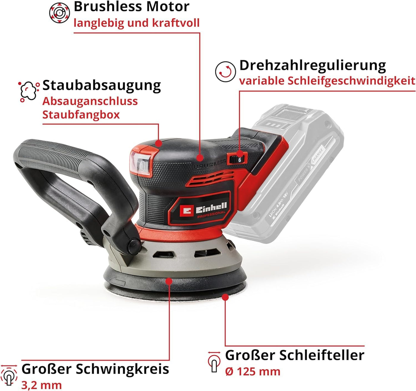 Einhell Professional Akku-Exzenterschleifer TP-RS 18/32 Li BL-Solo Power X-Change (18 V, Brushless, 3,2 mm Schwingkreis, 125 mm Schleifteller, inkl. Schleifpapier, ohne Akku)