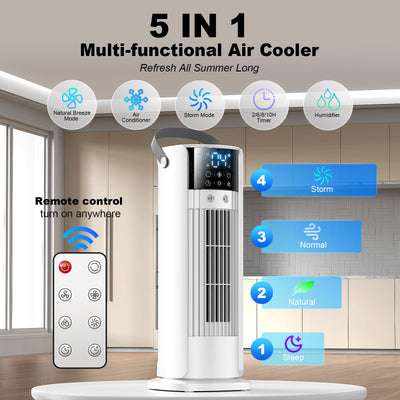 Klimaanlage Mobil, 4-in-1 Mobiles Klimagerät, Turmventilator Luftkühler mit Wasserkühlung Wassertank, 4 Windgeschwindigkeiten, 90°Oszillation,10H Timer, Fernbedienung, Leise für Zuhause