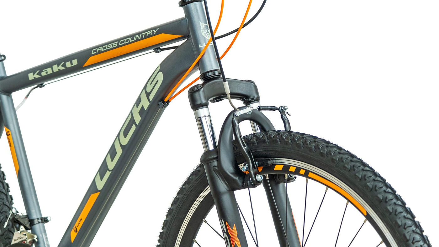 LUCHS "Kaku & Titan Mountainbike, MTB Jungen und Herrenfahrrad Vielseitiges Fahrrad mit 24", 26", 27.5" oder 29" und Federgabel (Silber/Orange, 24" Zoll (V-Brake))