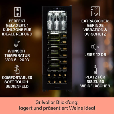 Klarstein Weinkühlschrank, Getränkekühlschrank Schmal, 1 Zone Kühlschrank mit Glastür, Getränkekühlschränke Freistehend, Weinkühlschrank Klein, Weinkühlschränke mit UV-Schutz, 5-20 °C, 56 Flaschen
