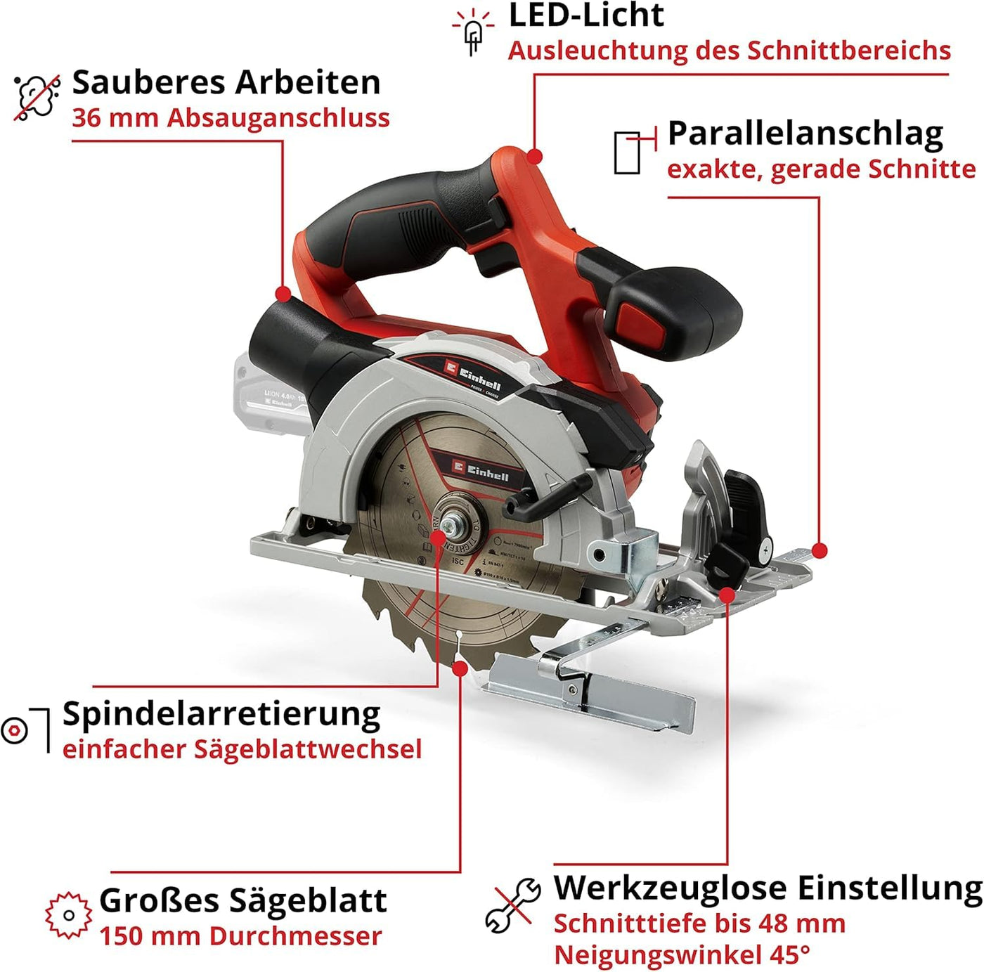 Einhell Akku-Handkreissäge TE-CS 18/150 Li-Solo Power X-Change (18 V, Li-Ion, Ø150 x Ø10 mm Sägeblatt, Schnitttiefe + Neigungswinkel werkzeuglos einstellbar, LEDs, ohne Akku und Ladegerät)