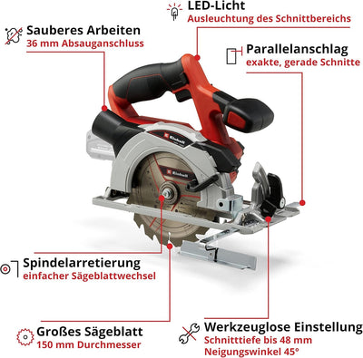 Einhell Akku-Handkreissäge TE-CS 18/150 Li-Solo Power X-Change (18 V, Li-Ion, Ø150 x Ø10 mm Sägeblatt, Schnitttiefe + Neigungswinkel werkzeuglos einstellbar, LEDs, ohne Akku und Ladegerät)