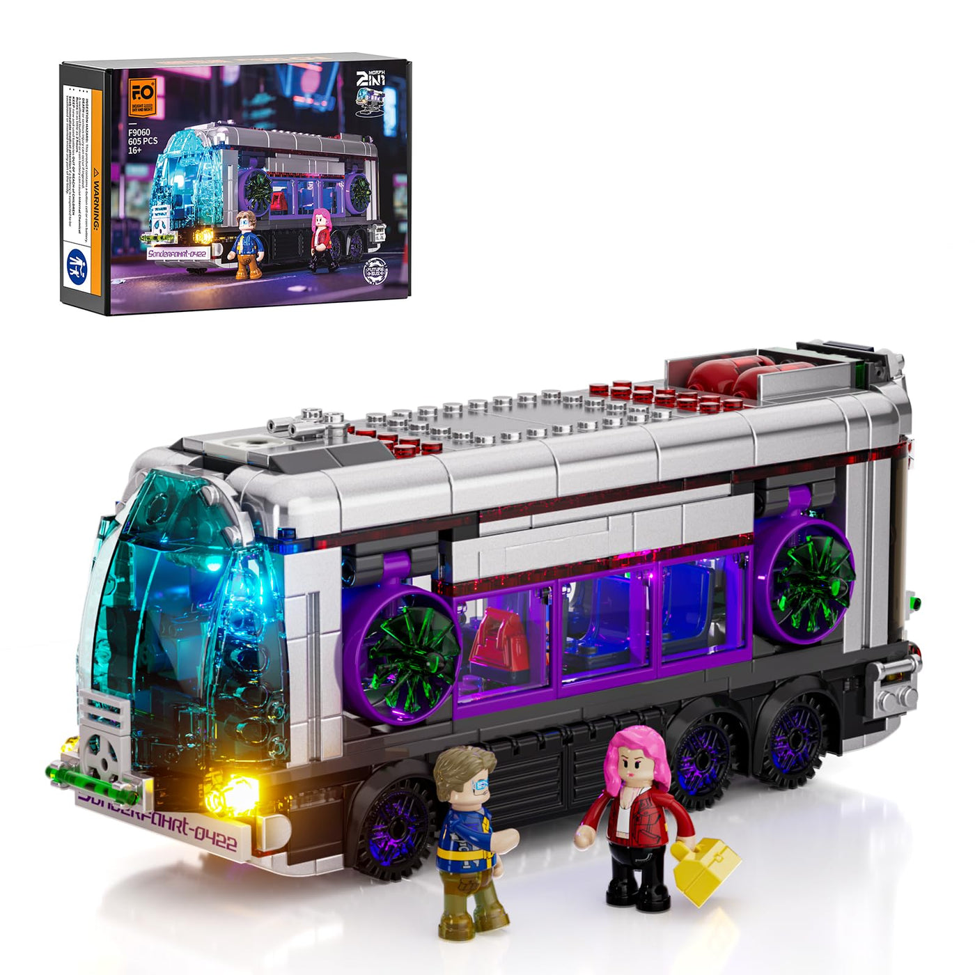 FUNWHOLE Cyberpunk Zukünftiger Bus mit LED-Beleuchtung – 2-in-1 Modell mit Licht, 605 Teile für Sci-Fi-Fans und Erwachsene, Perfekte Cyberpunk-Stadt-Deko