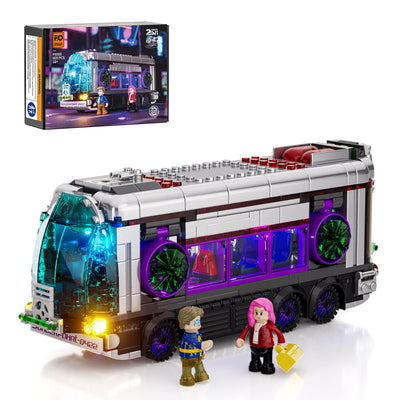 FUNWHOLE Cyberpunk Zukünftiger Bus mit LED-Beleuchtung – 2-in-1 Modell mit Licht, 605 Teile für Sci-Fi-Fans und Erwachsene, Perfekte Cyberpunk-Stadt-Deko