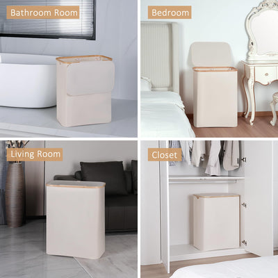 iEGrow Wäschekorb150L XL-Extra Groß 2 Fächer Wäschesammler mit Bambusgriff und Deckel, Laundry Baskets, Wäschekörbe für Waschküche, Schlafzimmer, Badezimmer (Beige)