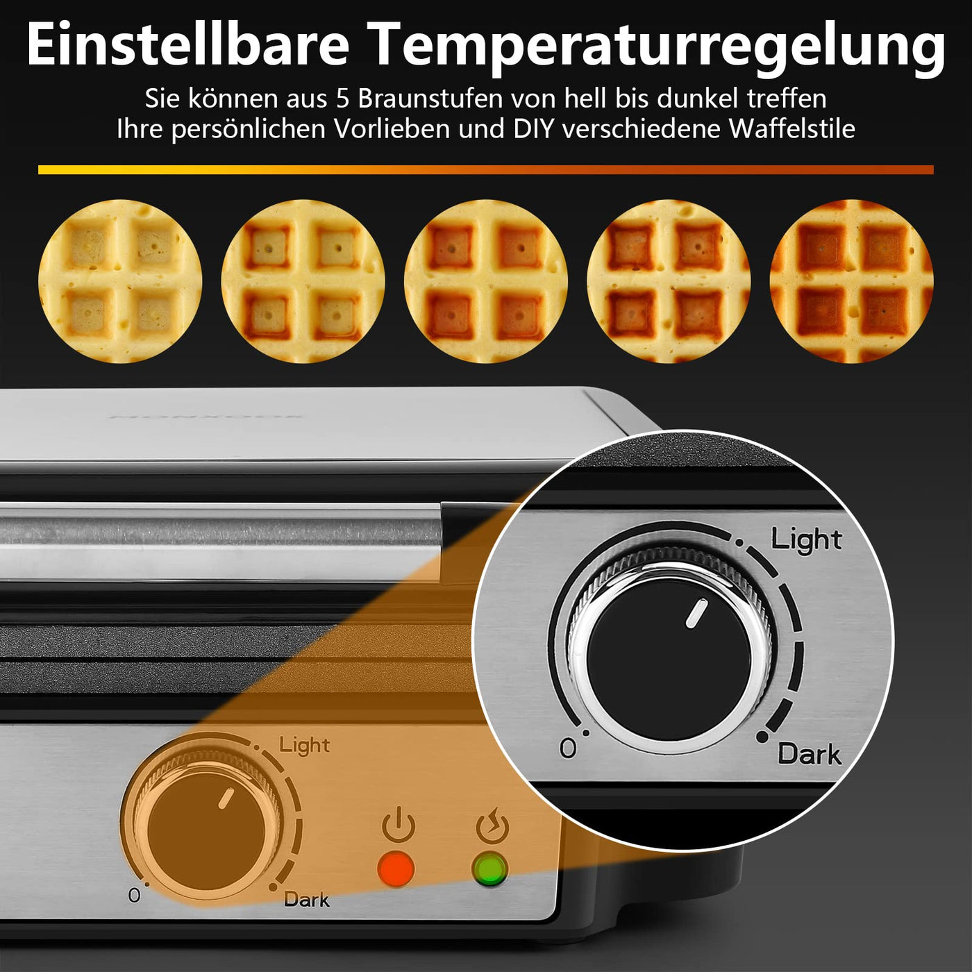 YASHE Waffeleisen Belgische Waffel, 4-Scheiben Quadratisches Belgisches Waffeleisen, 5 Bräunungsknopf, Kontrollleuchten, Anti-Überlauf, Antihaftbeschichtung, 1200W, Silber/Schwarz