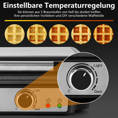 YASHE Waffeleisen Belgische Waffel, 4-Scheiben Quadratisches Belgisches Waffeleisen, 5 Bräunungsknopf, Kontrollleuchten, Anti-Überlauf, Antihaftbeschichtung, 1200W, Silber/Schwarz