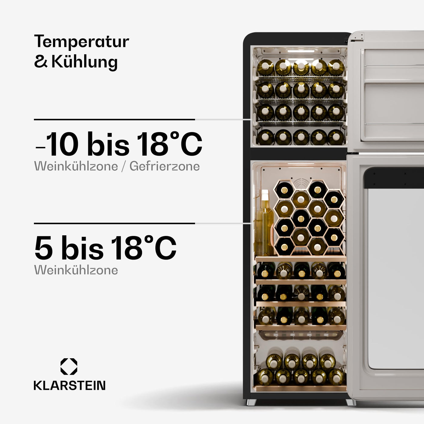 Klarstein Shirley Weinkühlschrank Mit Gefrierfach - 63 Flaschen, Zwei Zonen, –10 bis 18 °C, LED, Freistehend, Retro-Design, Hybrid-Regale, Schwarz
