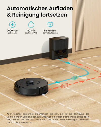 Vexilar W11 Staubsauger Roboter mit Wischfunktion, 3L Saugroboter mit Absaugstation, 6000Pa Saugkraft, 180Min Laufzeit, LiDAR Navigation, 15 No-Go Zonen, APP Steuerung, Ideal für Teppich und Tierhaare