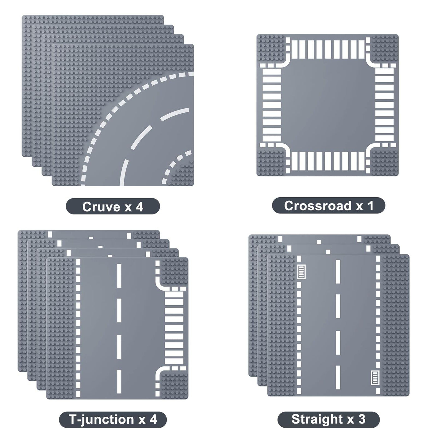 LEAFYIP 12 Platten Set Stadt Strassen Grundplatte, 25.5 * 25.5cm Städte Straßenplatten 100% Kompatibel mit Meisten Marken (4 Kurve/3 Gerade/1 Kreuzung/4 T-Kreuzung)