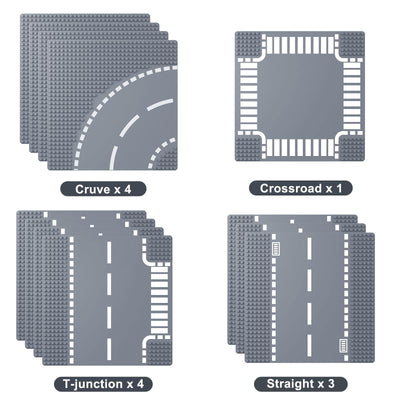 LEAFYIP 12 Platten Set Stadt Strassen Grundplatte, 25.5 * 25.5cm Städte Straßenplatten 100% Kompatibel mit Meisten Marken (4 Kurve/3 Gerade/1 Kreuzung/4 T-Kreuzung)