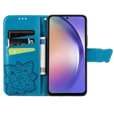 JIUNINE Hülle für Samsung Galaxy M15, Handyhülle mit Schmetterling Muster [Kartenfächer] [Standfunktion] [Premium PU Leder] Stoßfeste Schutzhülle Klapphülle Handytasche Lederhülle, Blau