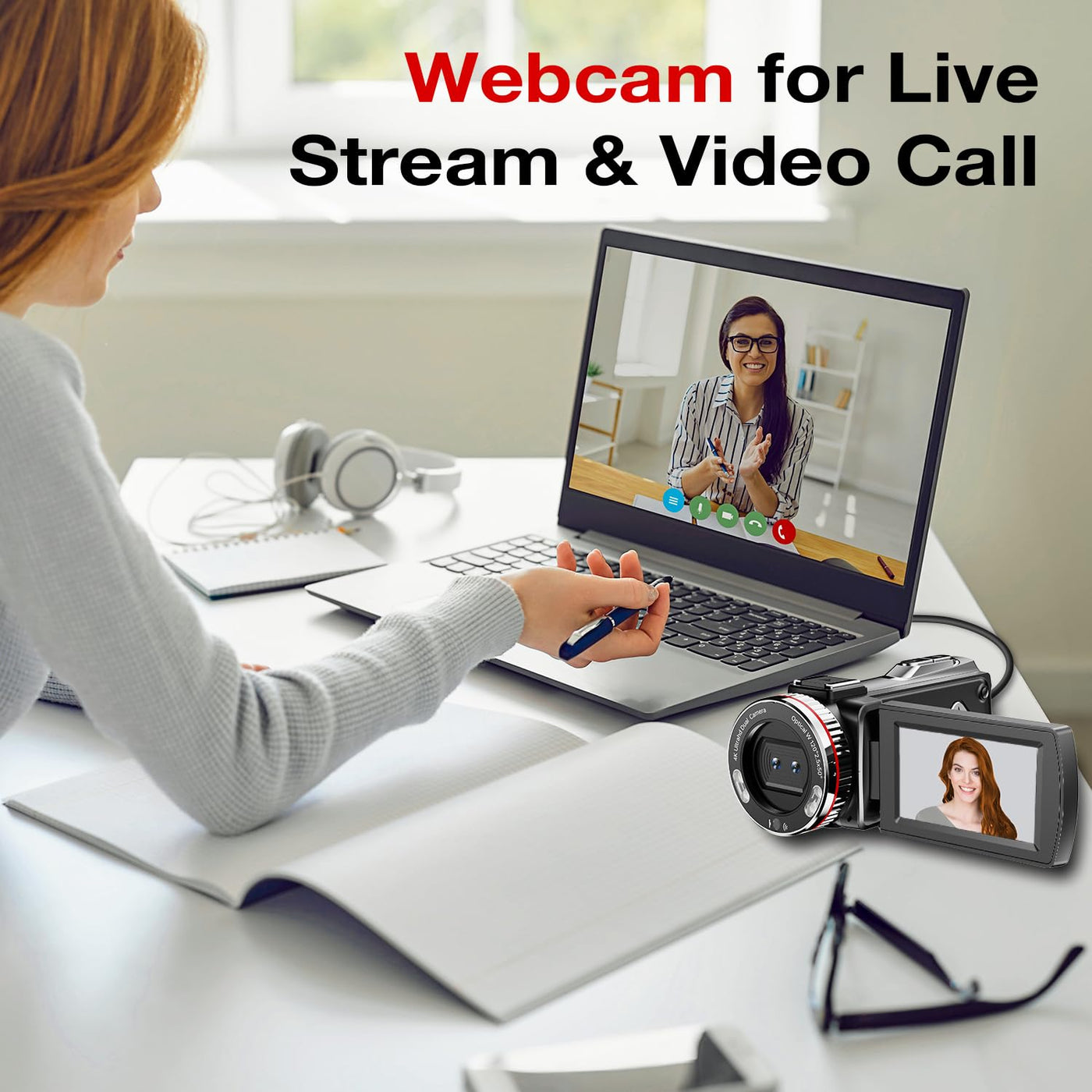 Videokamera 4K 64MP Camcorder Vlogging Kamera für YouTube,21X Digital Zoom, 3" 270° Drehbarer Screen Video Vlogging Dual Camera mit 64GB Karte, Mikrofon, Stabilisator, Fernbedienung,2 Batterien