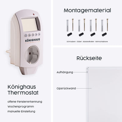 Könighaus Infrarot Wandheizung - 450 Watt inkl. Thermostat - Infrarotheizung mit TÜV SÜD & 5 Jahren Garantie - Doppelter Überhitzungsschutz - Heizt Räume von bis zu 12 m² - Sofort einsatzbereit