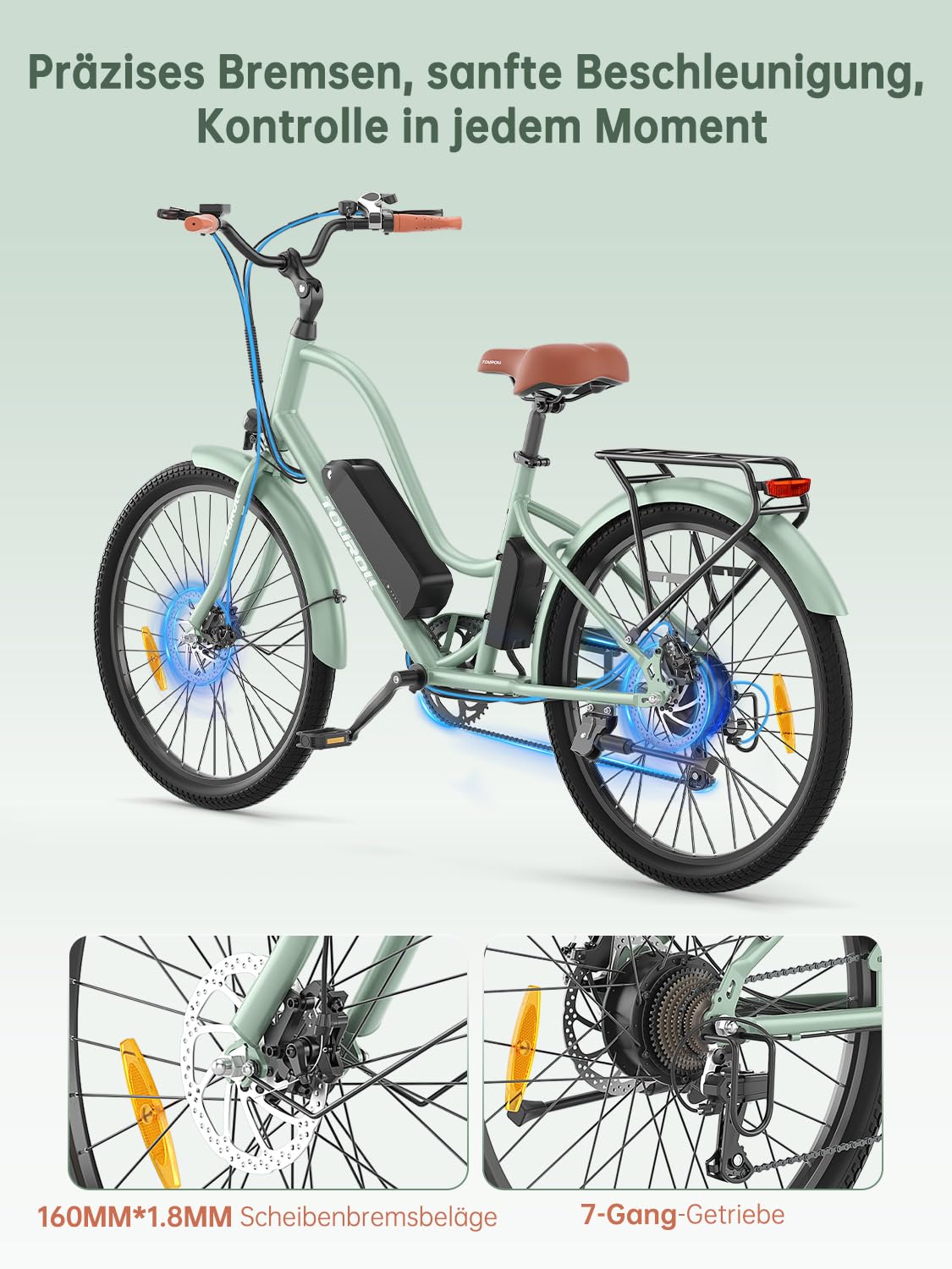 Touroll B2 26 Zoll City E-Bike mit 250W 50N.M Motor und 36V 561.6Wh Abnehmbarem Akku Pedelec Cityräder Elektrofahrrad, 25KM/H, Reichweite 100km, Ebikes für Erwachsene Herren und Damen Stadtpendler