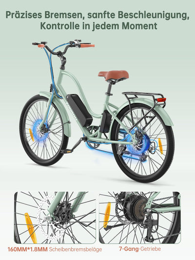 Touroll B2 26 Zoll City E-Bike mit 250W 50N.M Motor und 36V 561.6Wh Abnehmbarem Akku Pedelec Cityräder Elektrofahrrad, 25KM/H, Reichweite 100km, Ebikes für Erwachsene Herren und Damen Stadtpendler