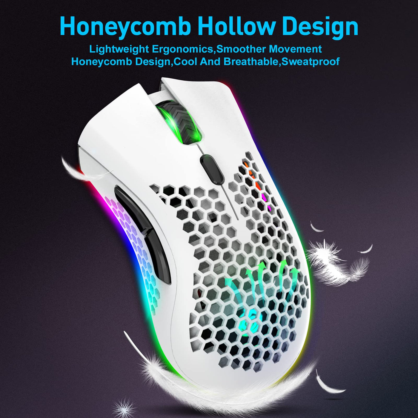 JYCSTE Bluetooth Gaming Maus, Light Honeycomb Maus mit RGB Hintergrundbeleuchtung, einstellbare DPI, Bluetooth 2.4G Wireless Rechargeable Ergonomic Optical Sensor Mouse (Dual Mode-White)