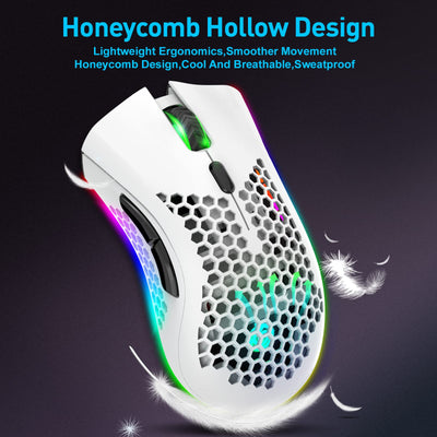 JYCSTE Bluetooth Gaming Maus, Light Honeycomb Maus mit RGB Hintergrundbeleuchtung, einstellbare DPI, Bluetooth 2.4G Wireless Rechargeable Ergonomic Optical Sensor Mouse (Dual Mode-White)