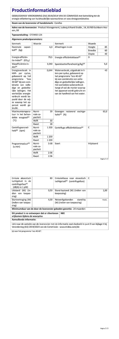 Comfee CFEW60-124 Waschmaschine / 6KG / Slim Line / D / 1200 U/min / Trommelreinigung / 15min-30min-45min Schnellwaschgang / Weiß