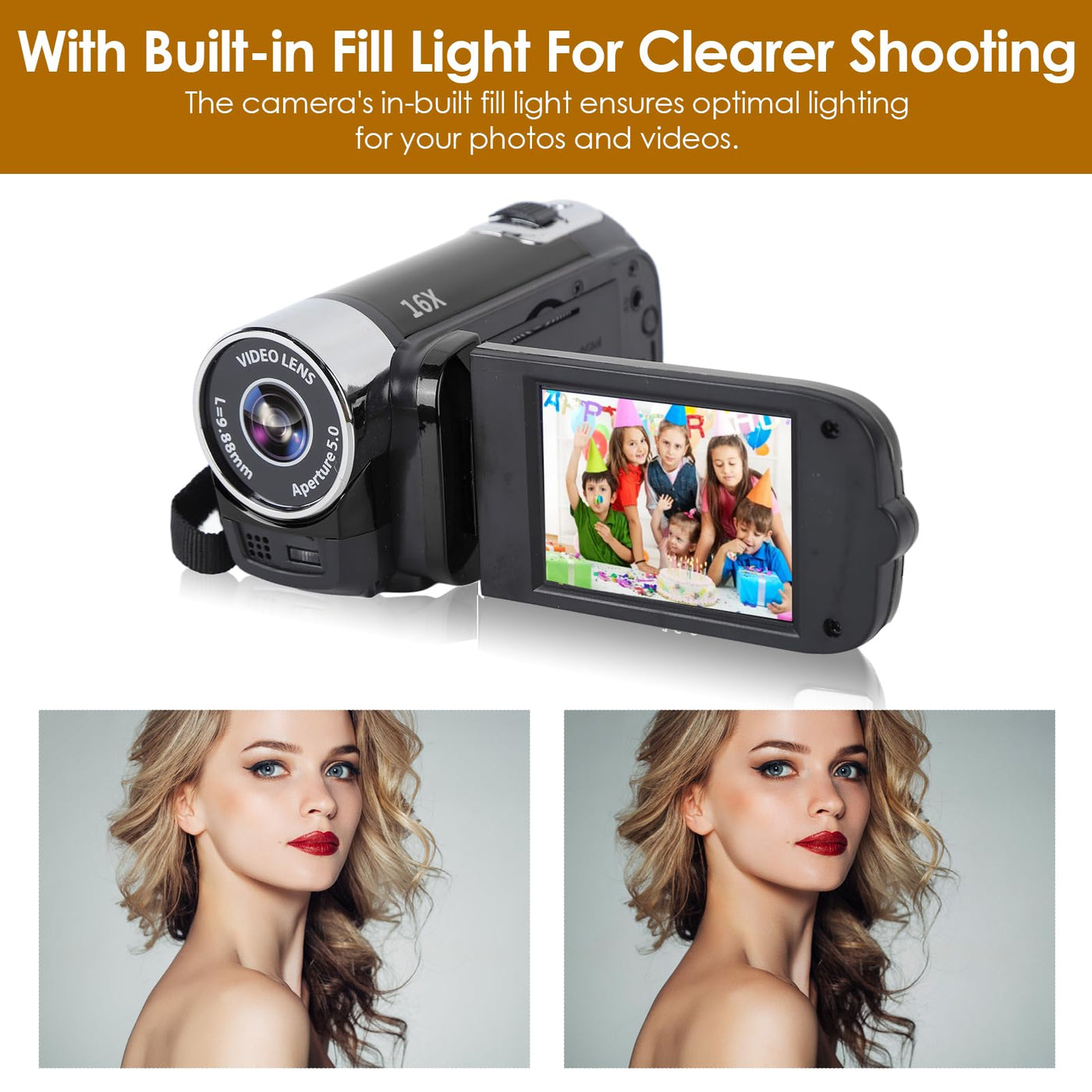 Videokamera für Vlogging, 1080P Full HD-Camcorder, 16 MP 16-facher Digitalzoom, Drehbarer 2,7-Zoll-TFT-Bildschirm, mit Fülllicht und USB-Anschluss (Schwarz)