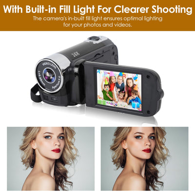 Videokamera für Vlogging, 1080P Full HD-Camcorder, 16 MP 16-facher Digitalzoom, Drehbarer 2,7-Zoll-TFT-Bildschirm, mit Fülllicht und USB-Anschluss (Schwarz)