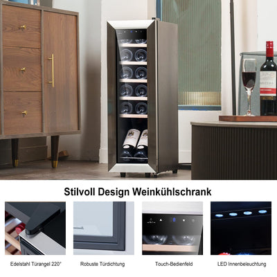 Kalamera Weinkühlschrank, 12 Flaschen 35 Liter Weinklimaschrank klein mit Kompressor, 5-18°C, KRC-35FCSS