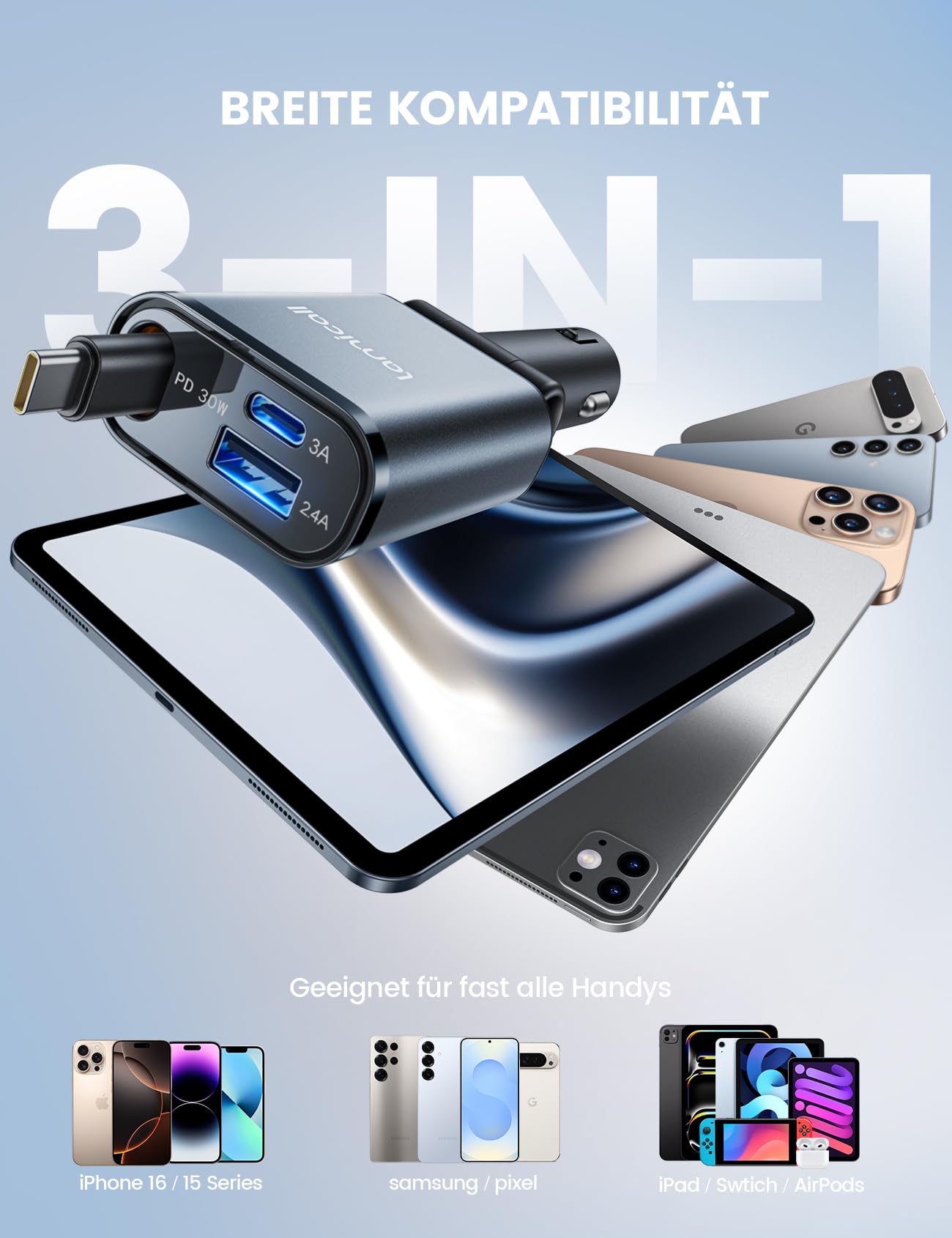 Lamicall 3 IN 1 Zigarettenanzünder USB C Auto Ladegerät -【2025 Super Kompakt】50W USB Adapter Auto Schnellladegerät mit einziehbare Typ-C Kabel/USB C/USB A, 24/12V KFZ Ladegerät Auto für iPhone/Samsung